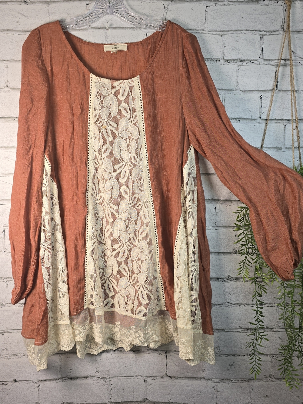 ENTRO BURNT ORANGE LACE INSET BOHO TUNIC MINI DRESS HIPPIE PEASANT FLOWY MEDIUM